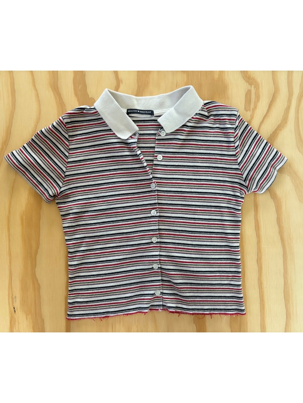 Brandy Melville Striped Ribbed Polo Top Raw Hem One Size